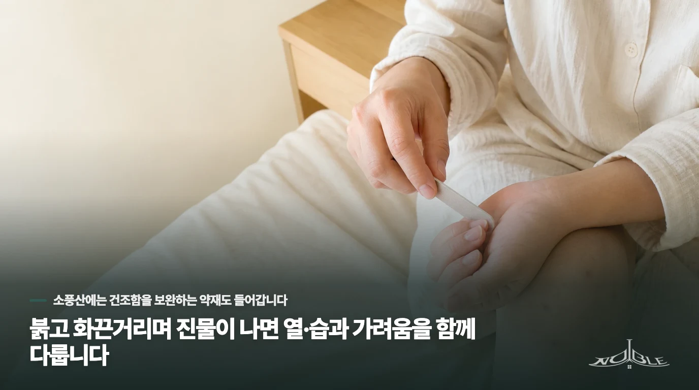붉고 화끈거리며 진물이 나면 열·습과 가려움을 함께 다룹니다